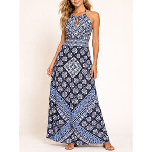 Womens Halter Maxi Dress Size 14 Blue Boho Floral Sleeveless Beach Vacation Summ